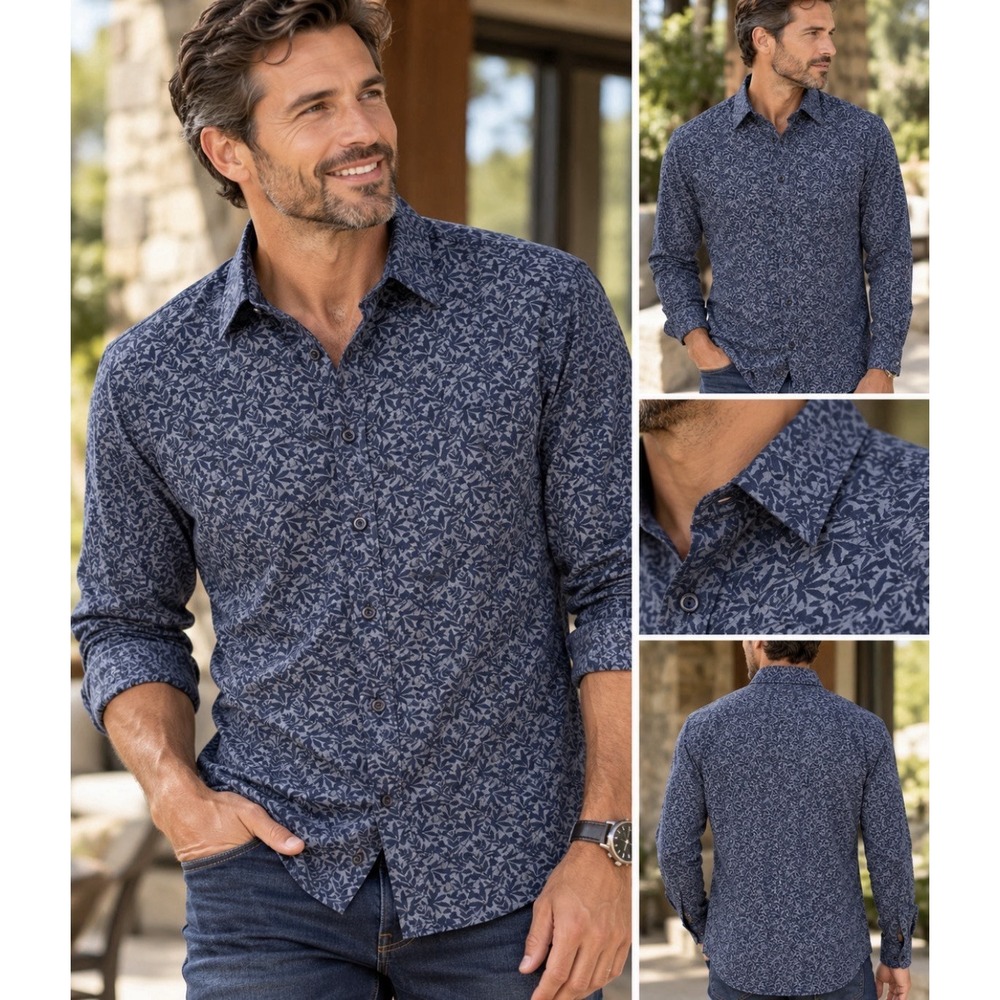 Rown  Mens  Leaves Floral Long Sleeve Button Down Shirt  Blue XXL